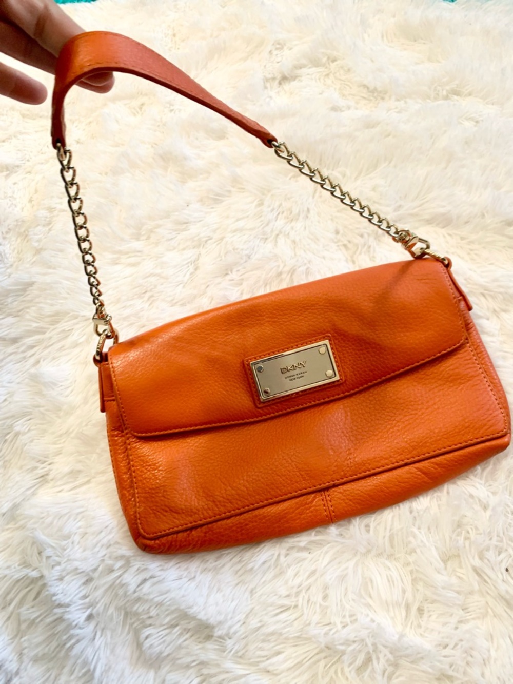 DKNY Orange Leather Shoulder Bag with Gold Chain Accent Rare